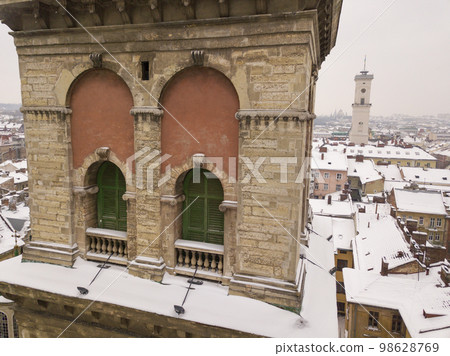 Ukraine, Lviv city center, old architecture, drone photo, bird's eye view in winter 98628769