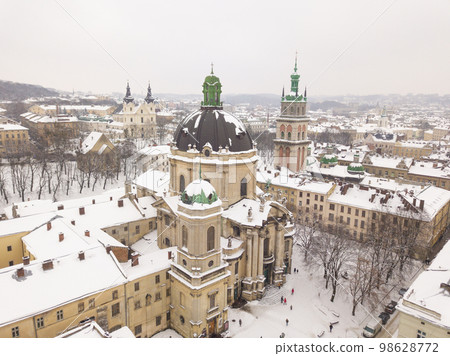 Ukraine, Lviv city center, old architecture, drone photo, bird's eye view in winter Ukraine, Lviv city center, old architecture, drone photo, bird's eye view in winter 98628772