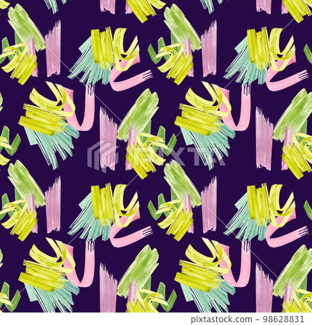 Seamless pattern of purple, green, pink paint stroke watercolor isolated on violet. 98628831