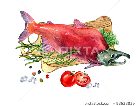 Salmon, tomatoes, herbs on cutting board watercolor illustration isolated on white. 98628839