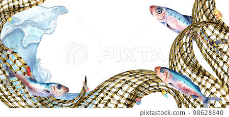 Banner of sardines and fishnet watercolor illustration isolated on white. Banner of sardines and fishnet watercolor illustration isolated on white. 98628840