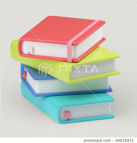 3D render of a stack of brightly colored books with a bookmark. A pile of textbooks, notebooks, books. A symbol of learning, school, business. Isolated illustration on a gray background. 3D render of a stack of brightly colored books with a bookmark. A pile of textbooks, notebooks, books. A symbol of learning, school, business. Isolated illustration on a gray background. 98628932
