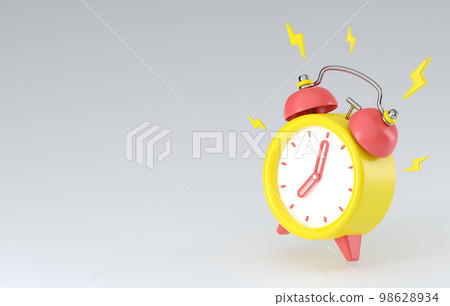 3D rendering of a ringing alarm clock with lightning bolts. 7 am on the dial. Wake up. Isolated illustration on a gray background with empty space for text.3D render of realistic bouncing alarm clock 3D rendering of a ringing alarm clock with lightning bolts. 7 am on the dial. Wake up. Isolated illustration on a gray background with empty space for text.3D render of realistic bouncing alarm clock 98628934