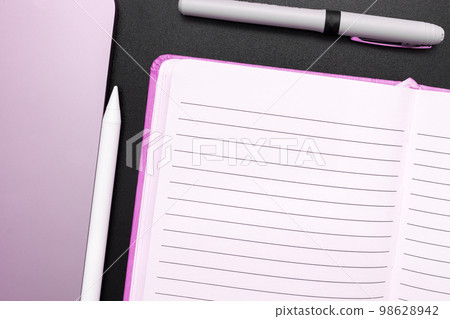 Photo With Pens Pencils Rullers Calculators. Notebook and Colored Paper Stickers Lying On White Desk. Multiple Assorted Collection Office Stationery. Postcards. 98628942