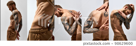 Photoset of portraits of muscular shirtless male fashion model over grey studio background. Concept of men's health, beauty, body and skin care, fitness. Body art Photoset of portraits of muscular shirtless male fashion model over grey studio background. Concept of men's health, beauty, body and skin care, fitness. Body art 98629600
