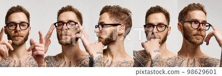 Collage with closeup portraits of young serious composed bearded man in eyewear looking at camera confidently over grey background. Collage with closeup portraits of young serious composed bearded man in eyewear looking at camera confidently over grey background. 98629601