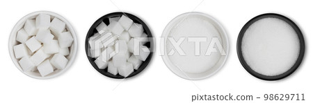White and black bowl plates of natural brown and white unrefined sugar White and black bowl plates of natural brown and white unrefined sugar 98629711