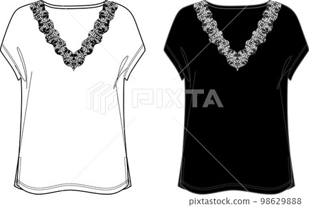 Vector sleeveless T-Shirt with lace trim fashion CAD, woman V-neck top with dropped shoulder technical drawing, template, flat, sketch. Jersey or woven fabric blouse with front, back view, white color Vector sleeveless T-Shirt with lace trim fashion CAD, woman V-neck top with dropped shoulder technical drawing, template, flat, sketch. Jersey or woven fabric blouse with front, back view, white color 98629888
