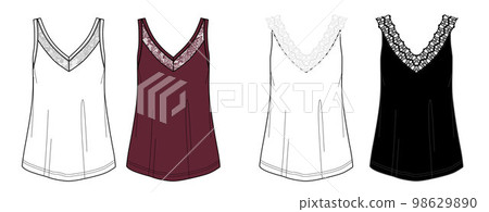 Vector blouse with lace fashion CAD, woman sleeveless top with lace trim technical drawing, sketch, flat, mock up, template. Jersey or woven fabric tank top with front, back view, white color 98629890