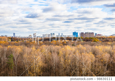 cloudy sky over autumn park and houses on horizon 98630111
