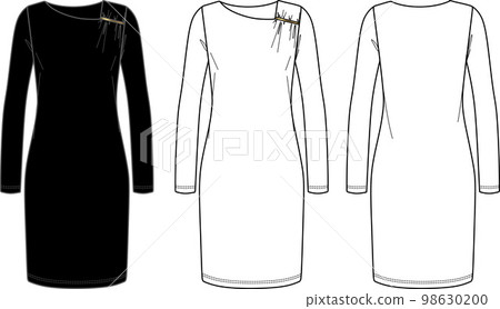 Vector woman winter dress with gathering and long sleeves fashion CAD, v neck party dress technical drawing, template, flat, sketch. Jersey or woven fabric dress with front, back view, white color Vector woman winter dress with gathering and long sleeves fashion CAD, v neck party dress technical drawing, template, flat, sketch. Jersey or woven fabric dress with front, back view, white color 98630200
