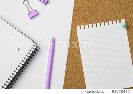 Photo With Pens Pencils Rullers Calculators. Notebook and Colored Paper Stickers Lying On White Desk. Multiple Assorted Collection Office Stationery. Postcards. 98630423