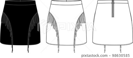 Vector mini skirt fashion CAD, woman fringe detailed skirt technical drawing, sketch, template, flat. Jersey, woven fabric, leather or suede skirt with front, back view, white color 98630585