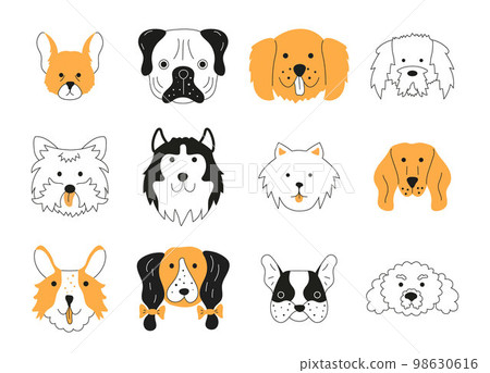 Dogs head vector set icon in doodle style. Husky doggy in sketch style. Lovely pets sign illustration. Dogs head vector set icon in doodle style. Husky doggy in sketch style. Lovely pets sign illustration. 98630616