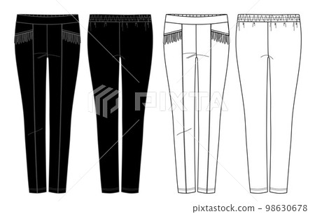 Vector slim fit pants fashion CAD, woman high waist leggings with fringe trim technical drawing, legging fashion flat, sketch, template. Leggings with front, back view, black and white color 98630678