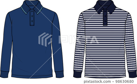 Vector fashion CAD t-shirt with striped seamless pattern, men long sleeved slim fit T-Shirt sketch, men polo neck shirt technical drawing, sketch, flat. Jersey t shirt with front, back view,blue color 98630680