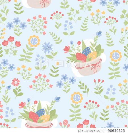 Easter floral seamless pattern. Decorative flowers and basket of Easter eggs on light blue background. Vector illustration. Botanical pattern for decor, design, packaging, wallpaper, textile. Easter floral seamless pattern. Decorative flowers and basket of Easter eggs on light blue background. Vector illustration. Botanical pattern for decor, design, packaging, wallpaper, textile. 98630823