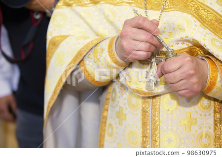 Hands of an Orthodox priest with incense. Faith and religion. Hands of an Orthodox priest with incense. Faith and religion. 98630975