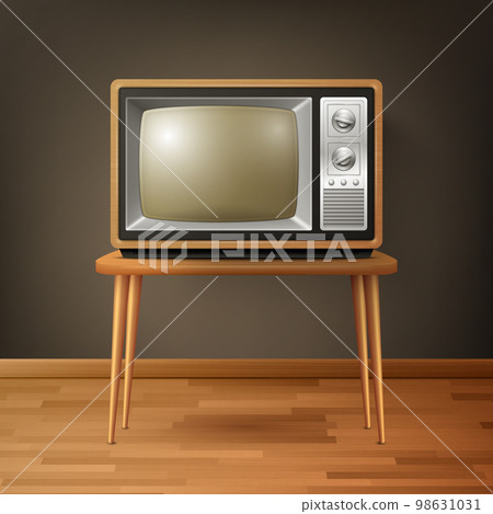 Vector 3d Realistic Brown Wooden Retro TV Receiver on Wooden Table. Home Interior Design Concept. Vintage TV Set, Television, Front View 98631031