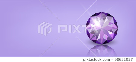 Vector Horizontal Banner with 3d Realistic Purple Transparent Round Glowing Gemstone, Diamond, Crystal, Rhinestone Closeup on Purple Background with Reflection. Jewerly Concept. Design Template Vector Horizontal Banner with 3d Realistic Purple Transparent Round Glowing Gemstone, Diamond, Crystal, Rhinestone Closeup on Purple Background with Reflection. Jewerly Concept. Design Template 98631037