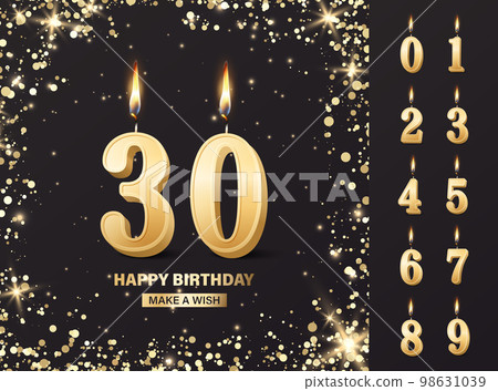 Vector Birthday Anniversary Greeting Card, Banner with 3d Realistic Burning Golden Birthday Party Candles, Numbers, Flame. Candle Icon Set. Design Template, Clipart. Birthday Concept. Front View Vector Birthday Anniversary Greeting Card, Banner with 3d Realistic Burning Golden Birthday Party Candles, Numbers, Flame. Candle Icon Set. Design Template, Clipart. Birthday Concept. Front View 98631039
