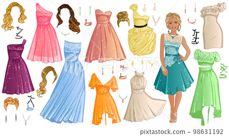 Bridesmaid Paper Doll with Beautiful Lady, Dresses, Hairstyles and Accessories. Vector Illustration 98631192