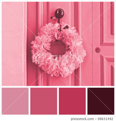 Collage with palette similar shades samples on Christmas wreath background. Pink Xmas decorations. Viva Magenta color of year 2023 Collage with palette similar shades samples on Christmas wreath background. Pink Xmas decorations. Viva Magenta color of year 2023 98631492