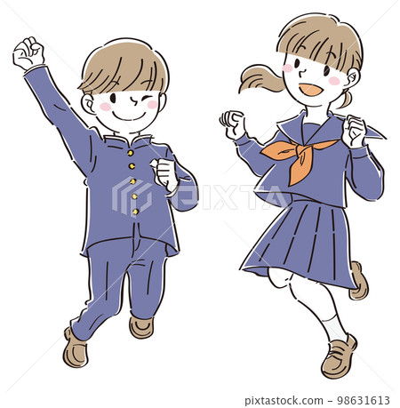 穿著制服的少男少女笑著跳起來 98631613