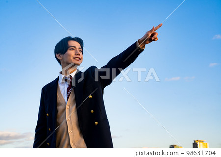 Portrait of a high school boy in uniform, blue sky, sky, outdoor, riverbed, Korean, cardigan, school uniform Portrait of a high school boy in uniform, blue sky, sky, outdoor, riverbed, Korean, cardigan, school uniform 98631704