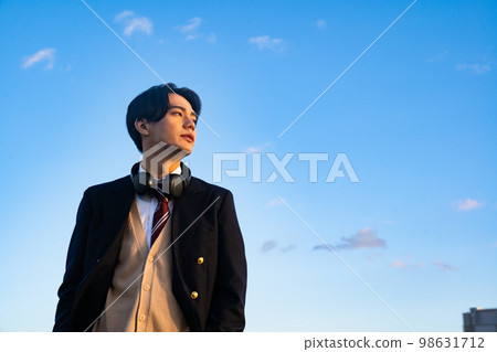 Portrait of a high school boy in uniform, blue sky, sky, outdoor, riverbed, Korean, cardigan, school uniform 98631712