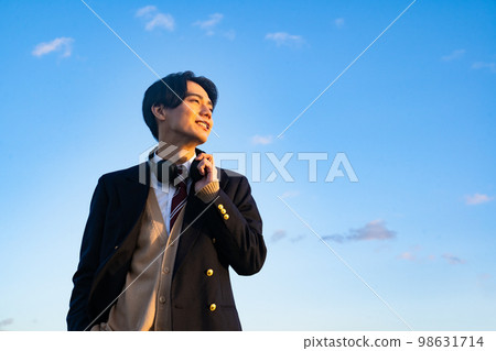 Portrait of a high school boy in uniform, blue sky, sky, outdoor, riverbed, Korean, cardigan, school uniform 98631714