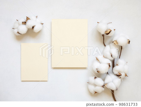 Blank cards with cotton flowers top view on white, wedding mockup 98631733