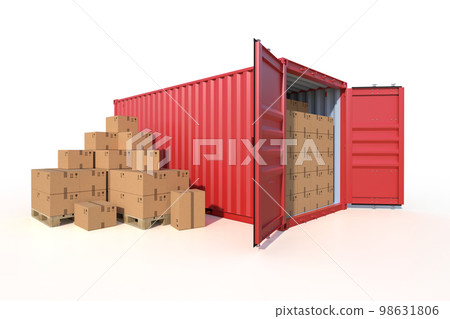 Cargo container and cardboard boxes isolated on white background 98631806