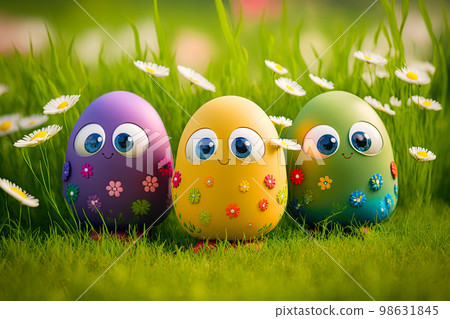 Easter egg character. Cute adorable easter background. Group of colorful eggs cartoons characters Easter egg character. Cute adorable easter background. Group of colorful eggs cartoons characters 98631845