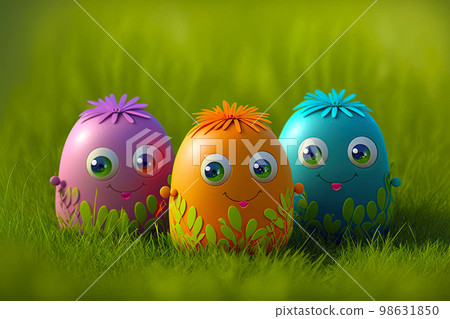 Easter egg character. Cute adorable easter background. Group of colorful eggs cartoons characters 98631850