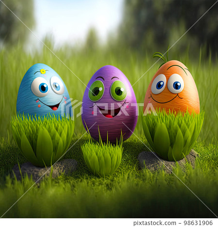 Easter egg character. Cute adorable easter background. Group of colorful eggs cartoons characters 98631906