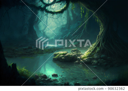 Fantasy forest pool AI generative	 98632362