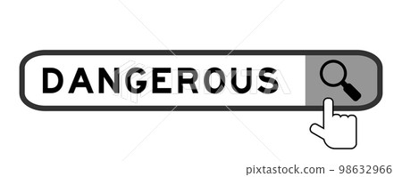 Search banner in word dangerous with hand over magnifier icon on white background Search banner in word dangerous with hand over magnifier icon on white background 98632966