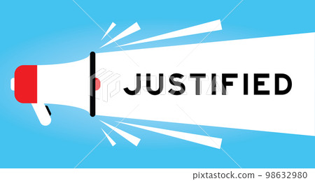 Color megaphone icon with word justified in white banner on blue background Color megaphone icon with word justified in white banner on blue background 98632980