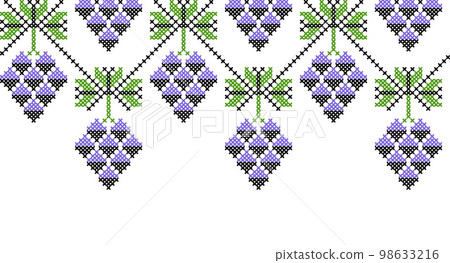 Grapes bunch vector seamless border. Background for wine or juice label design. Grapes border. Pixel art, vyshyvanka, cross stitch Grapes bunch vector seamless border. Background for wine or juice label design. Grapes border. Pixel art, vyshyvanka, cross stitch 98633216