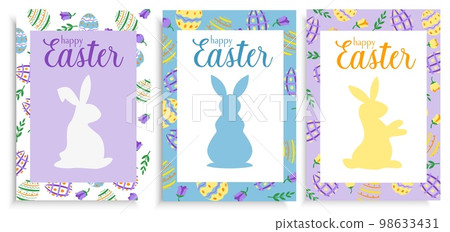 Set of three Easter card design templates with bunnies and pattern flat style pastel coloured 98633431