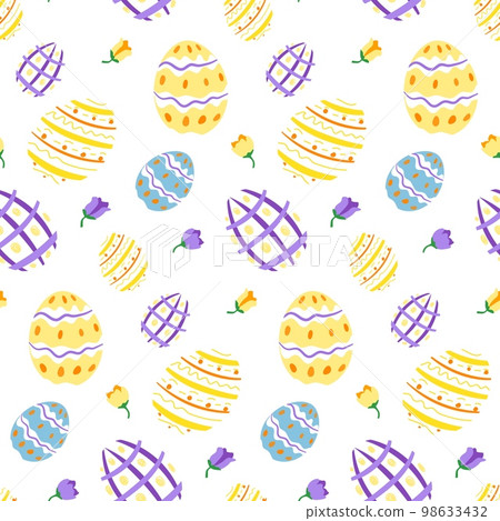 Cute Easter pastel coloured pattern with colorful eggs and spring flowers on white background Cute Easter pastel coloured pattern with colorful eggs and spring flowers on white background 98633432