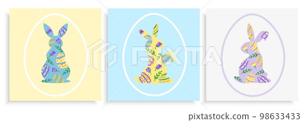 Set of three Easter card design templates with bunnies and eggs flat style pastel coloured Set of three Easter card design templates with bunnies and eggs flat style pastel coloured 98633433