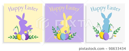Set of three Easter card design templates with bunnies and flowers flat style pastel coloured 98633434