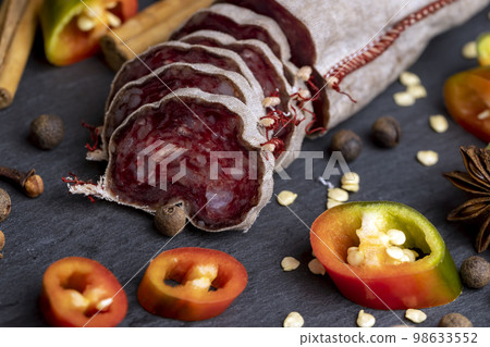 Sliced sausage of fresh veal meat Sliced sausage of fresh veal meat 98633552