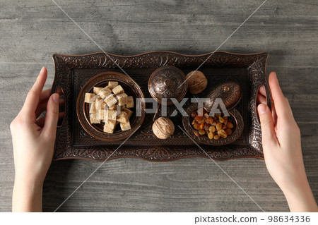 Concept of Muslim holy month Ramadan Kareem, top view 98634336