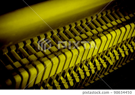 Details of piano mechanism gavel - string, pins and hammers 98634450