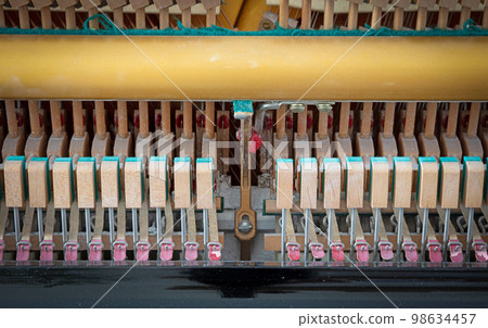 Details of piano mechanism gavel - string, pins and hammers Details of piano mechanism gavel - string, pins and hammers 98634457