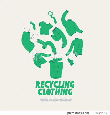 Clothing recycling. A poster calling for the recycling of clothing, footwear and textiles. Vector trend flat illustration. Clothing recycling. A poster calling for the recycling of clothing, footwear and textiles. Vector trend flat illustration. 98634567