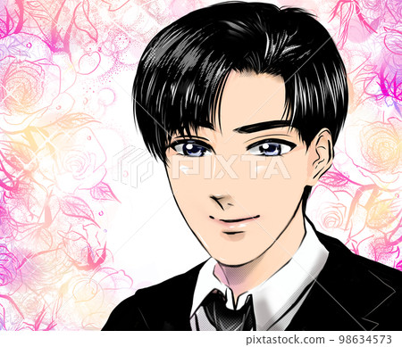 Matchmaking photo-style portrait cartoon illustration of a teacher in a black suit smiling gently and a flower garden background Matchmaking photo-style portrait cartoon illustration of a teacher in a black suit smiling gently and a flower garden background 98634573